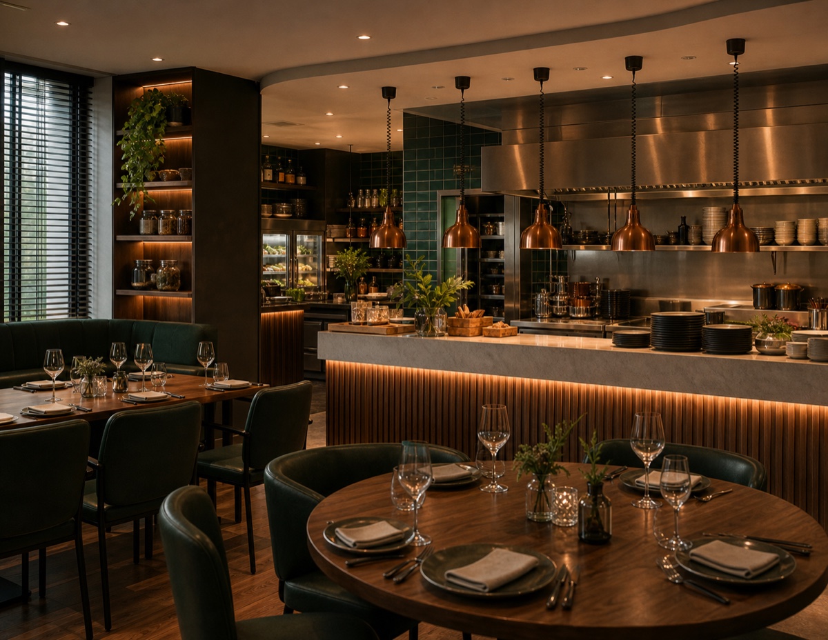 Restaurante sofisticado com salão e cozinha aberta organizada